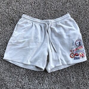 Budweiser x Oliver Logan Shorts Mens Sz L Cream White Logo Patch Drawstring READ